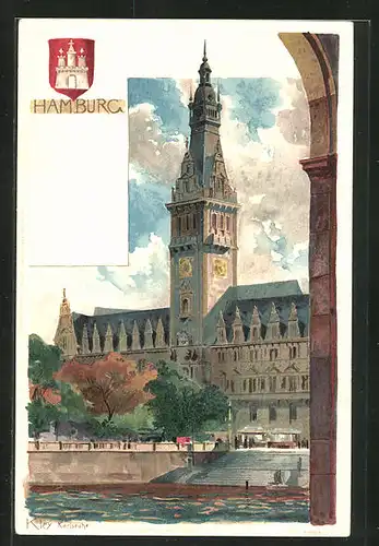 Künstler-AK Heinrich Kley: Hamburg, Rathaus mit Wappen