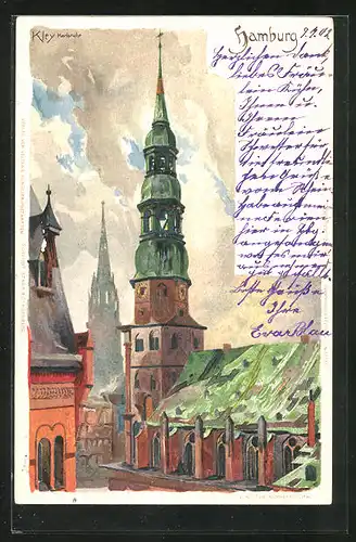 Künstler-AK Heinrich Kley: Hamburg, Blick zur Kirche