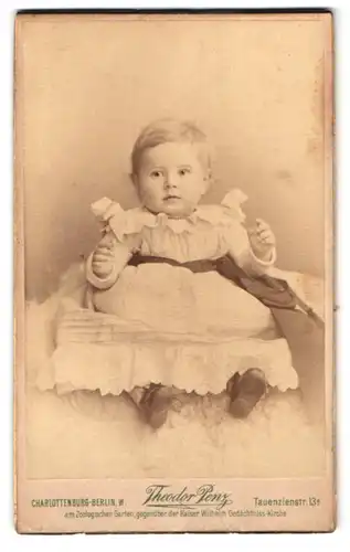 Fotografie Theodor Penz, Berlin, Tauenzienstr. 13a, Baby im Kleid auf felldecke sitzend