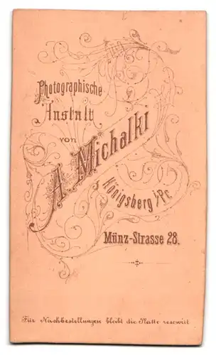 Fotografie A. Michalki, Königsberg, Münz-Str. 28, Portrait Eleganter Herr mit Schnurrbart im Anzug