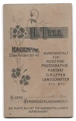 Fotografie H. Tell, Hagen i /W., Elberfelderstrasse 47, Portrait modisch gekleideter Herr mit Schnurrbart