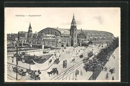 AK Hamburg-St.Georg, Hauptbahnhof mit Pferdekutschen und Passanten