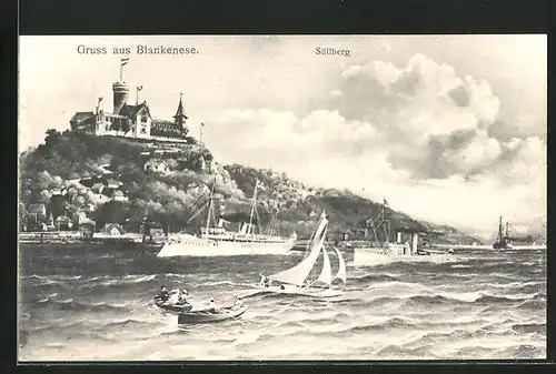 AK Hamburg-Blankenese, Flusspartie mit Booten und Blick auf den Süllberg