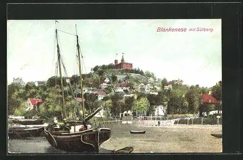 AK Hamburg-Blankenese, Ortsansicht mit Blick auf Segelboot und den Sülberg