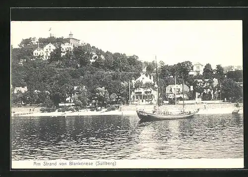 AK Hamburg-Blankenese, Am Strand mit Segelboot, Süllberg