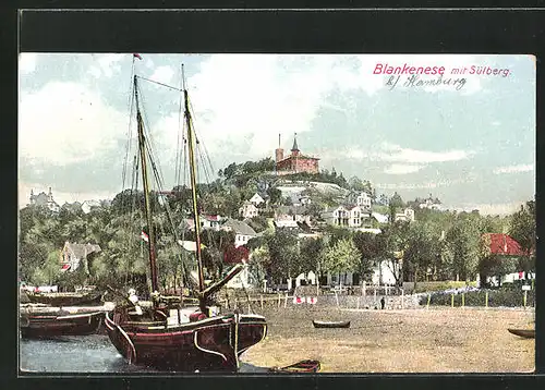 AK Hamburg-Blankenese, Strandpartie mit Segelbooten und Sülberg