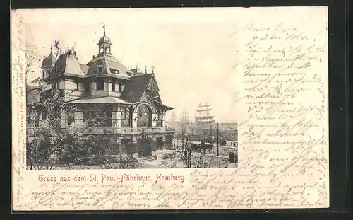 AK Hamburg-St. Pauli, Gasthaus Fährhaus mit Blick auf Segelschiffe