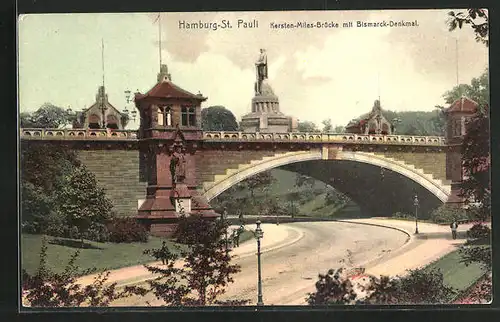 AK Hamburg-St. Pauli, Kersten-Miles Brücke mit Bismarck-Denkmal