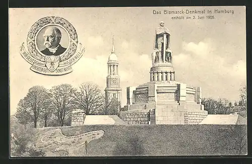 AK Hamburg-St. Pauli, Bismarck-Denkmal mit Portrait
