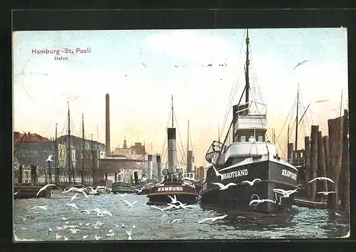 AK Hamburg-St. Pauli, Blick auf den Hafen mit Schiff Krautsand