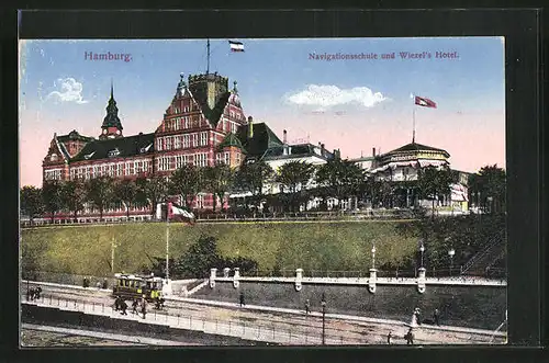 AK Hamburg-St. Pauli, Navigationsschule und Wiezel`s Hotel, Strassenbahn