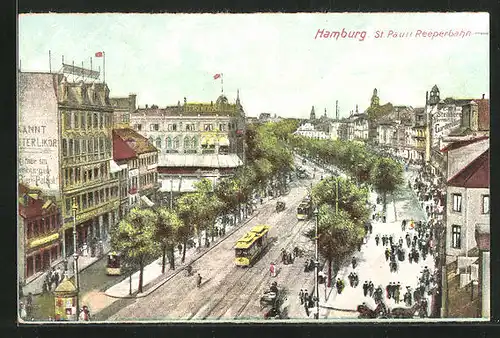 AK Hamburg-St. Pauli, Reeperbahn, Strassenbahn und Passanten