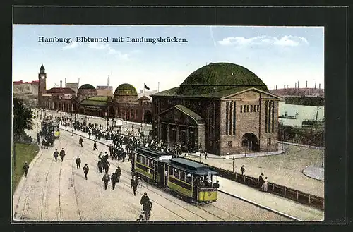 AK Hamburg-St. Pauli, Elbtunnel mit Landungsbrücken, Strassenbahn