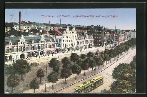 AK Hamburg-St. Pauli, Spielbudenplatz mit Reeperbahn und Strassenbahn