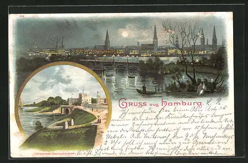 Mondschein-Lithographie Hamburg-Uhlenhorst, Blick auf die Feenteichbrücke bei Nacht