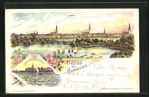 Lithographie Hamburg-Uhlenhorst, Alterpartie mit Brücke, Blick auf das Fährhaus