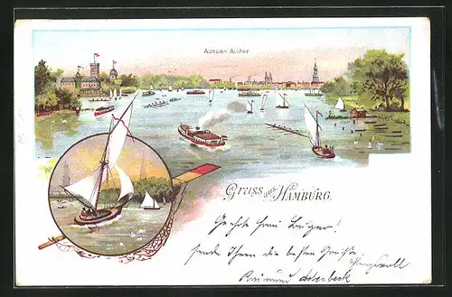 Lithographie Hamburg-Uhlenhorst, Aussen-Alster mit Blick auf Segelschiffe