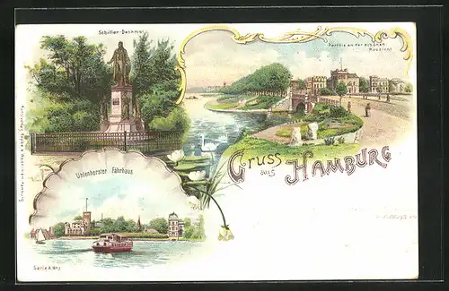 Lithographie Hamburg-Uhlenhorst, Schiller-Denkmal, Partie an der schönen Aussicht