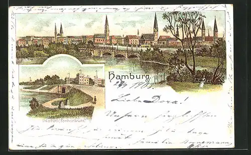 Lithographie Hamburg-Uhlenhorst, Blick auf die Feenteichbrücke