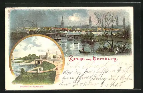 Mondschein-Lithographie Hamburg-Uhlenhorst, Feenteichbrücke bei Nacht