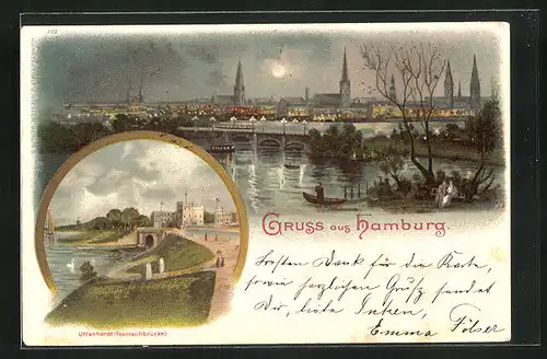 Mondschein-Lithographie Hamburg-Uhlenhorst, Idyllisches Ufer mit Pärchen auf der Bank, Feenteichbrücke