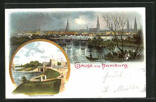 Mondschein-Lithographie Hamburg-Uhlenhorst, Feenteichbrücke und Uferblick bei Nacht