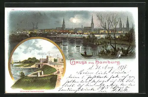 Mondschein-Lithographie Hamburg-Uhlenhorst, Uferblick mit Pärchen und Bootsfahrer bei Nacht, Feenteichbrücke