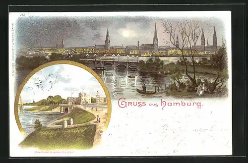 Mondschein-Lithographie Hamburg-Uhlenhorst, Uferpartie mit Pärchen und Feenteichbrücke mit Mutter und Kind