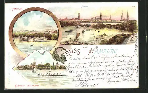 Lithographie Hamburg-Uhlenhorst, Flusspartie mit Fährhaus und Alsterlust