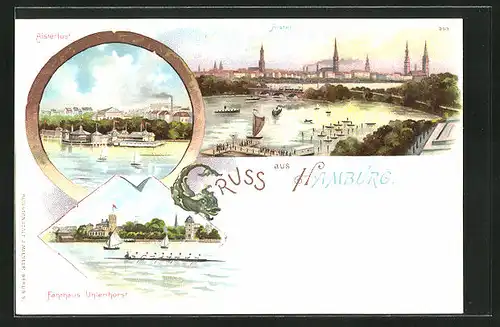 Lithographie Hamburg-Uhlenhorst, Flusspartie mit Alsterlust und Fährhaus