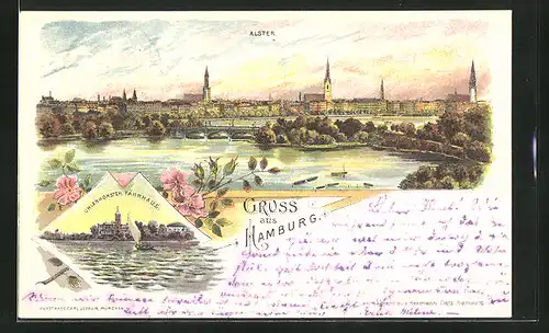 Lithographie Hamburg-Uhlenhorst, Alsterpartie mit Brücke und Fährhaus