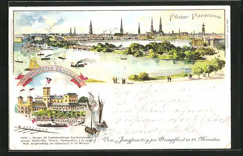 Lithographie Hamburg-Uhlenhorst, Alster Panorama mit Fährhaus
