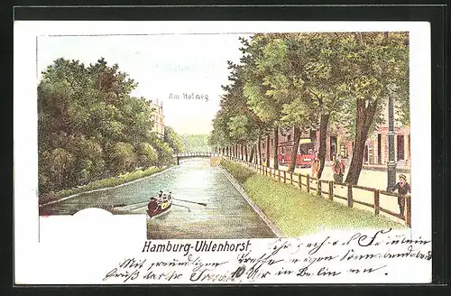 Lithographie Hamburg-Uhlenhorst, Ruderer am Hofweg und Strassenbahn