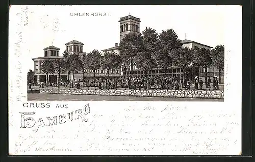 Lithographie Hamburg-Uhlenhorst, Gasthaus Fährhaus mit Gäste am Fluss gelegen