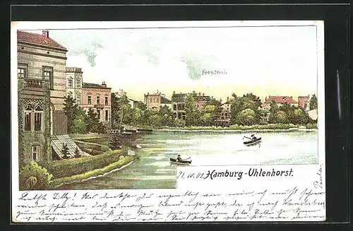 Lithographie Hamburg-Uhlenhorst, Blick auf den Feenteich mit Booten