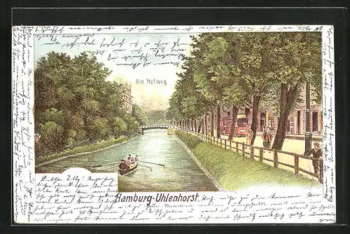 Lithographie Hamburg-Uhlenhorst, Am Hofweg mit Strassenbahn und Ruderboot