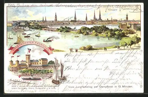 Lithographie Hamburg-Uhlenhorst, Hotel Fährhaus und Alster-Panorama