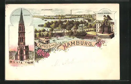 Lithographie Hamburg-Uhlenhorst, St. Nicolaikirche und Krieger-Denkmal