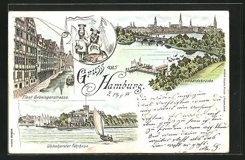 Lithographie Hamburg-Uhlenhorst, Fleet Gröningerstrasse, Lombardsbrücke und Hotel Fährhaus