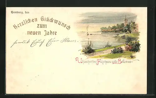 Lithographie Hamburg-Uhlenhorst, Neujahrsgrüsse, Hotel Fährhaus und Bellevue