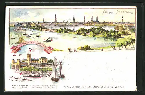 Lithographie Hamburg-Uhlenhorst, Hotel Fährhaus und Alster-Panorama