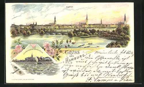 Lithographie Hamburg-Uhlenhorst, Alster mit Lombardsbrücke und Hotel Fährhaus