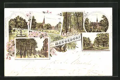 Lithographie Hamburg-Bergedorf, Holzenstrasse, Schloss, Grossestrasse, Pavillon im Schlossgarten