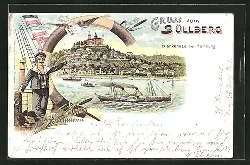 Lithographie Hamburg-Blankenese, Restaurant Süllberg, Dampfer