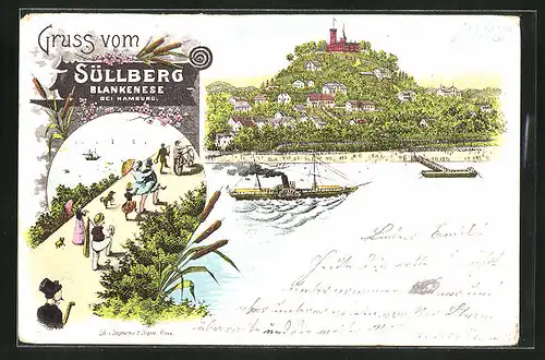 Lithographie Hamburg-Blankenese, Restaurant Süllberg, Dampfer