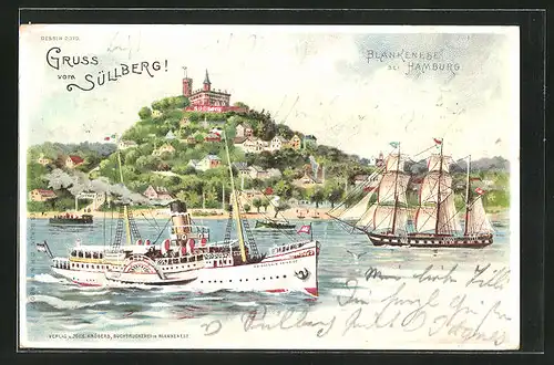 Lithographie Hamburg-Blankenese, Retaurant Süllberg, Elbdampfer Prinzessin Heinrich