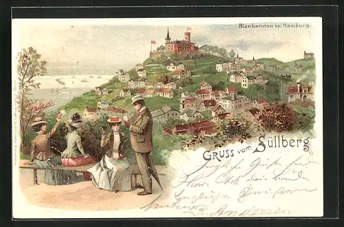 Lithographie Hamburg-Blankenese, Gasthaus Süllberg, Ausflügler