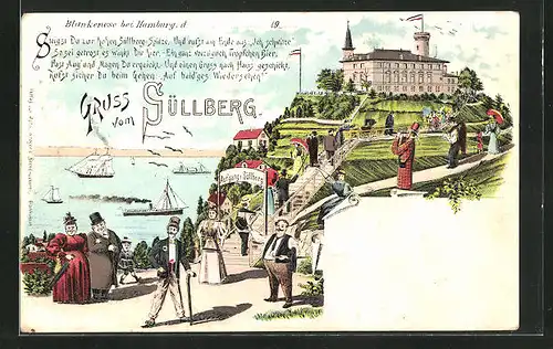 Lithographie Hamburg-Blankenese, Gasthaus Süllberg, Ausflügler
