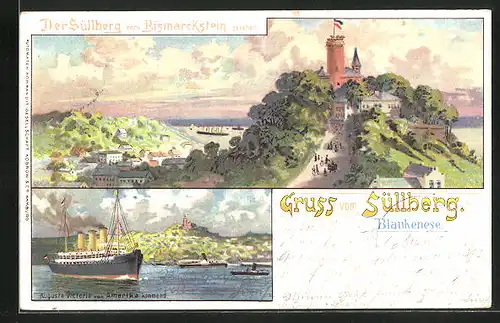 Lithographie Hamburg-Blankenese, Der Süllberg vom Bismarckstein gesehen, Dampfschiff Augusta Victoria