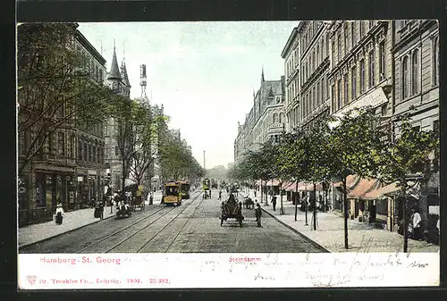 AK Hamburg-St.Georg, Steindamm mit Geschäften und Strassenbahn